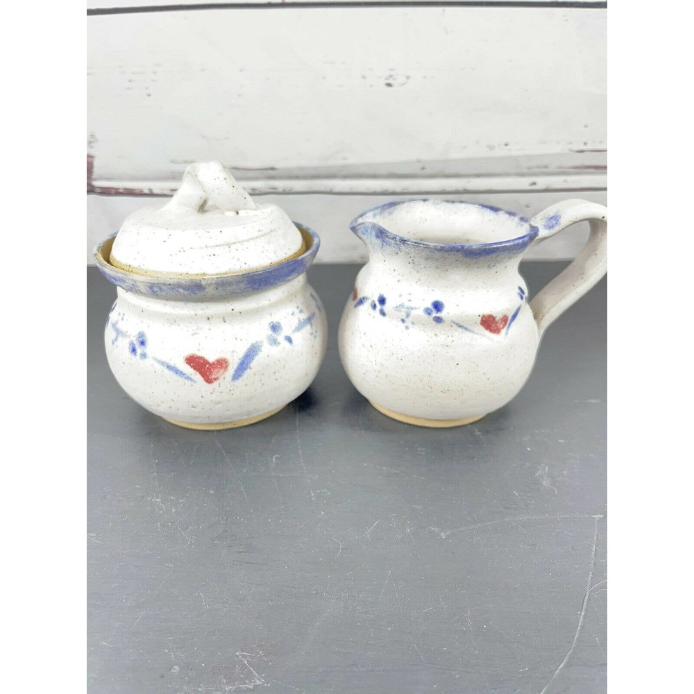 Hand Thrown Art Pottery Sugar And Creamer Signed Blue Pink Hearts